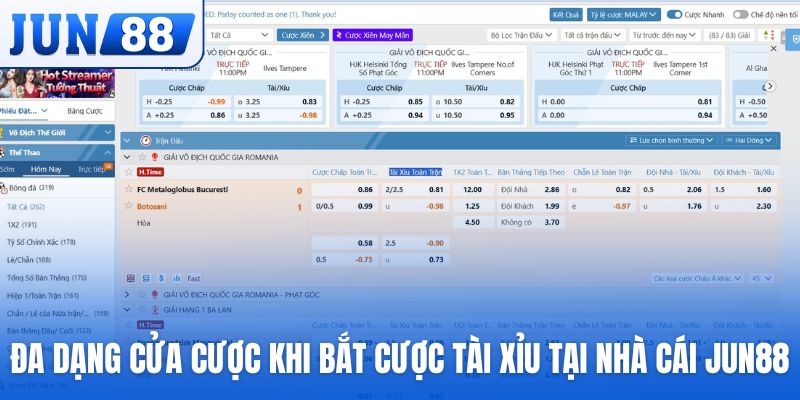 Đa dạng cửa cược khi bắt cược tài xỉu tại nhà cái Jun88